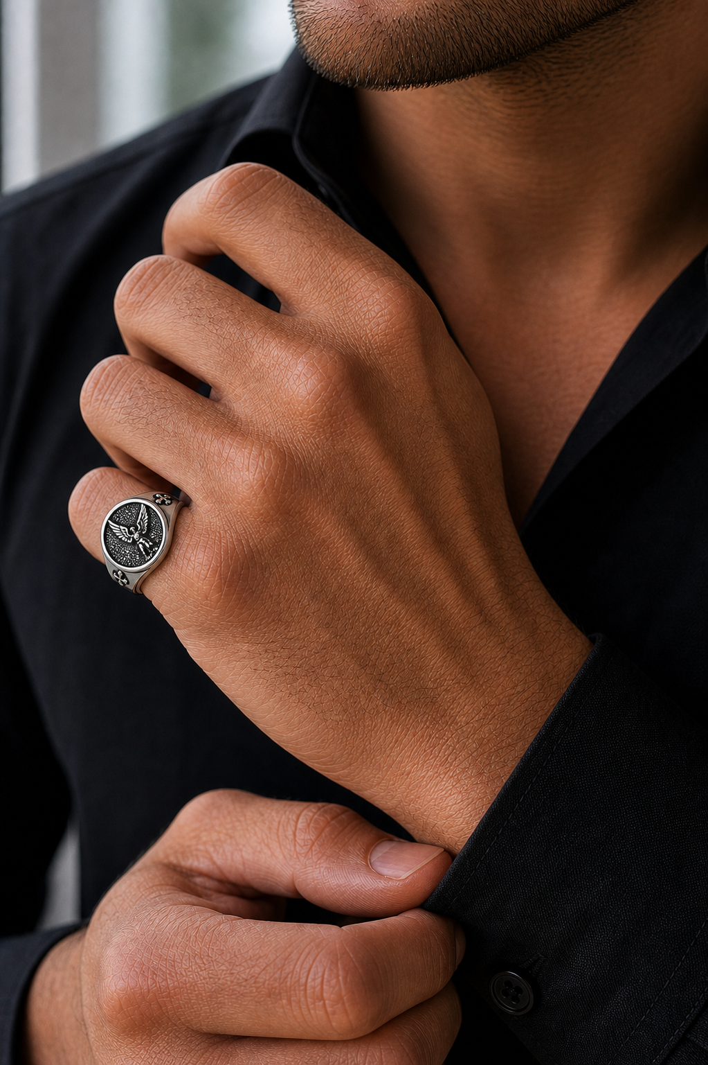 Anel Masculino de Prata Archangel em detalhe no dedo masculino