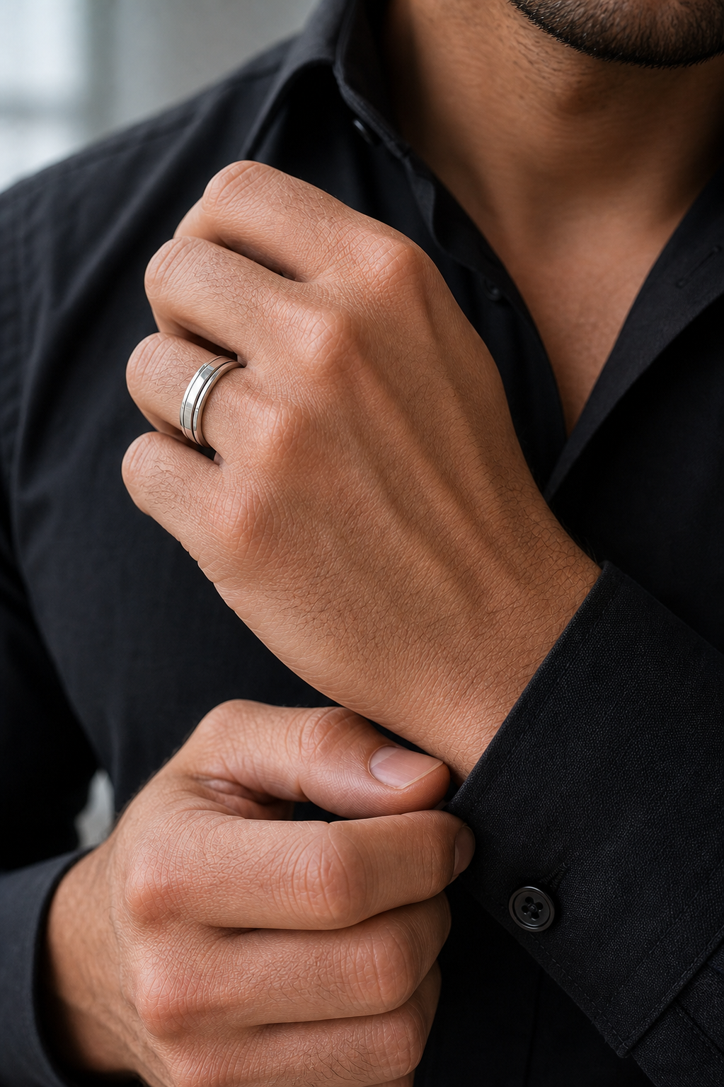 Anel Masculino de Prata Continuum em detalhe no dedo masculino