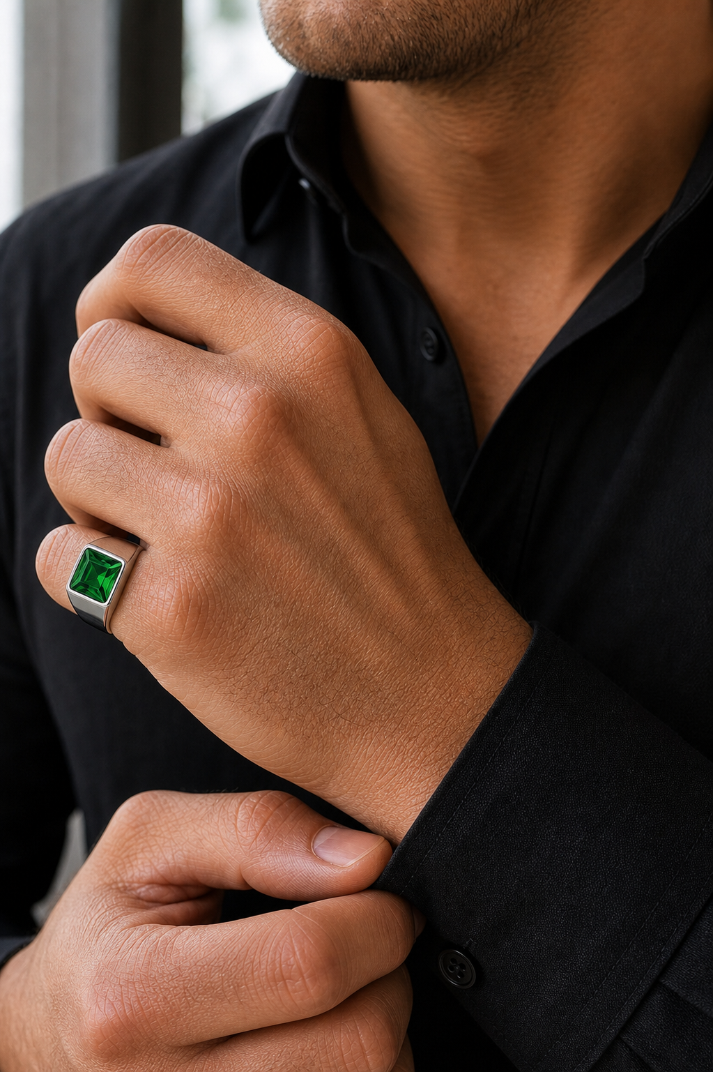 Anel Masculino Emerald Prata 925 em detalhe no dedo masculino