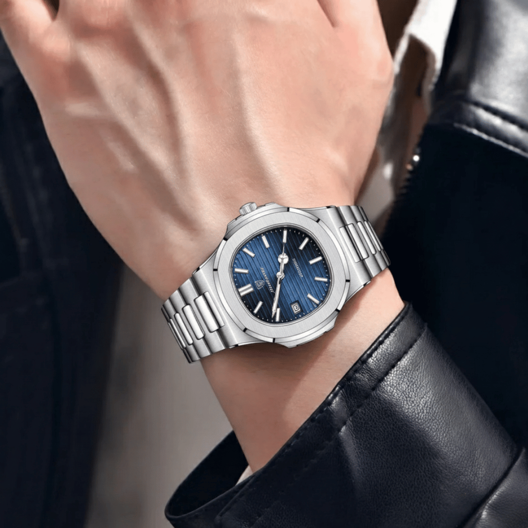 Relógio Masculino Montevero de luxo no pulso, estilo sofisticado, acabamento em aço, visual elegante