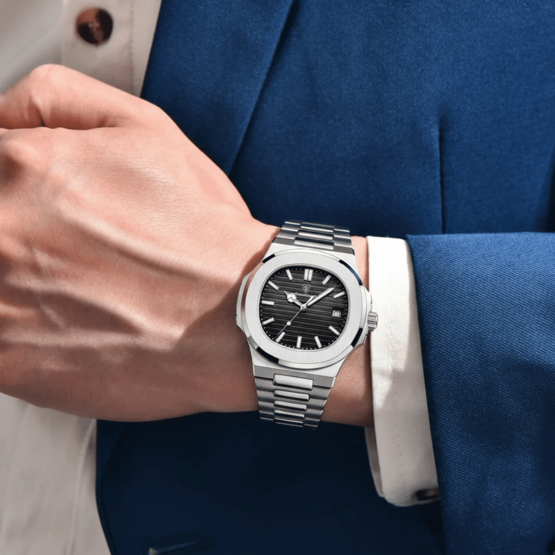 Relógio Masculino Montevero de luxo no pulso, estilo sofisticado, acabamento em aço, visual elegante