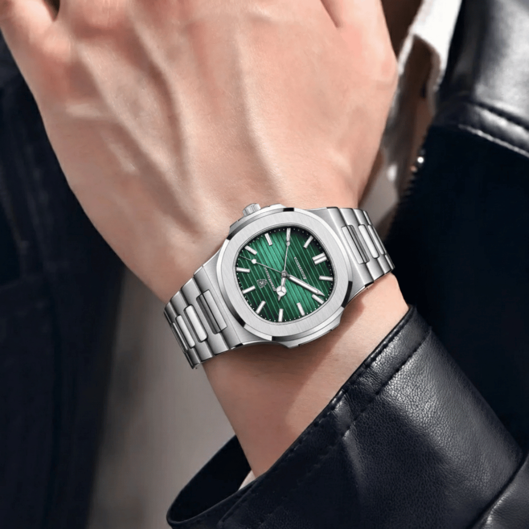 Relógio Masculino Montevero de luxo no pulso, estilo sofisticado, acabamento em aço, visual elegante