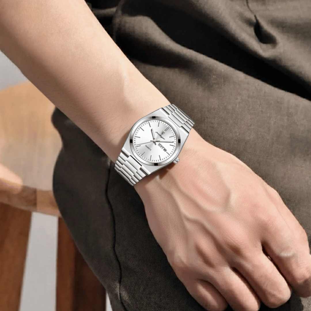 Relógio Masculino Belmonte de luxo no pulso, estilo sofisticado, acabamento em aço, visual elegante