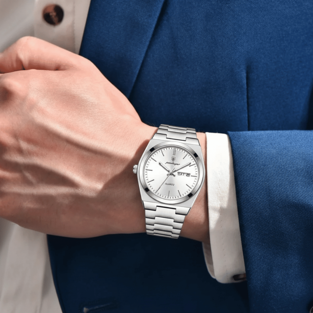 Relógio Masculino Belmonte de luxo no pulso, estilo sofisticado, acabamento em aço, visual elegante