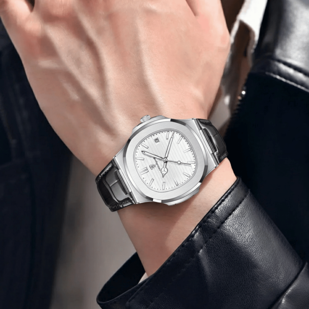 Relógio Masculino Montesier de luxo no pulso, estilo sofisticado, acabamento em aço, visual elegante