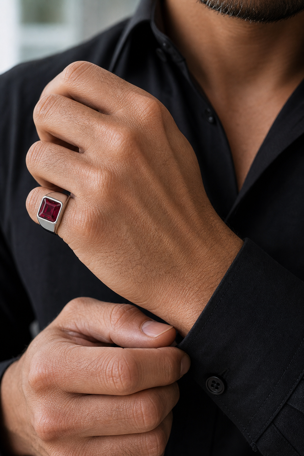 Anel Masculino Crimson Prata 925 em detalhe no dedo masculino