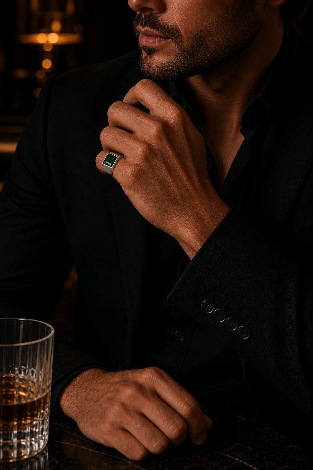 Anel Masculino Emerald Prata 925 em foto editorial masculina