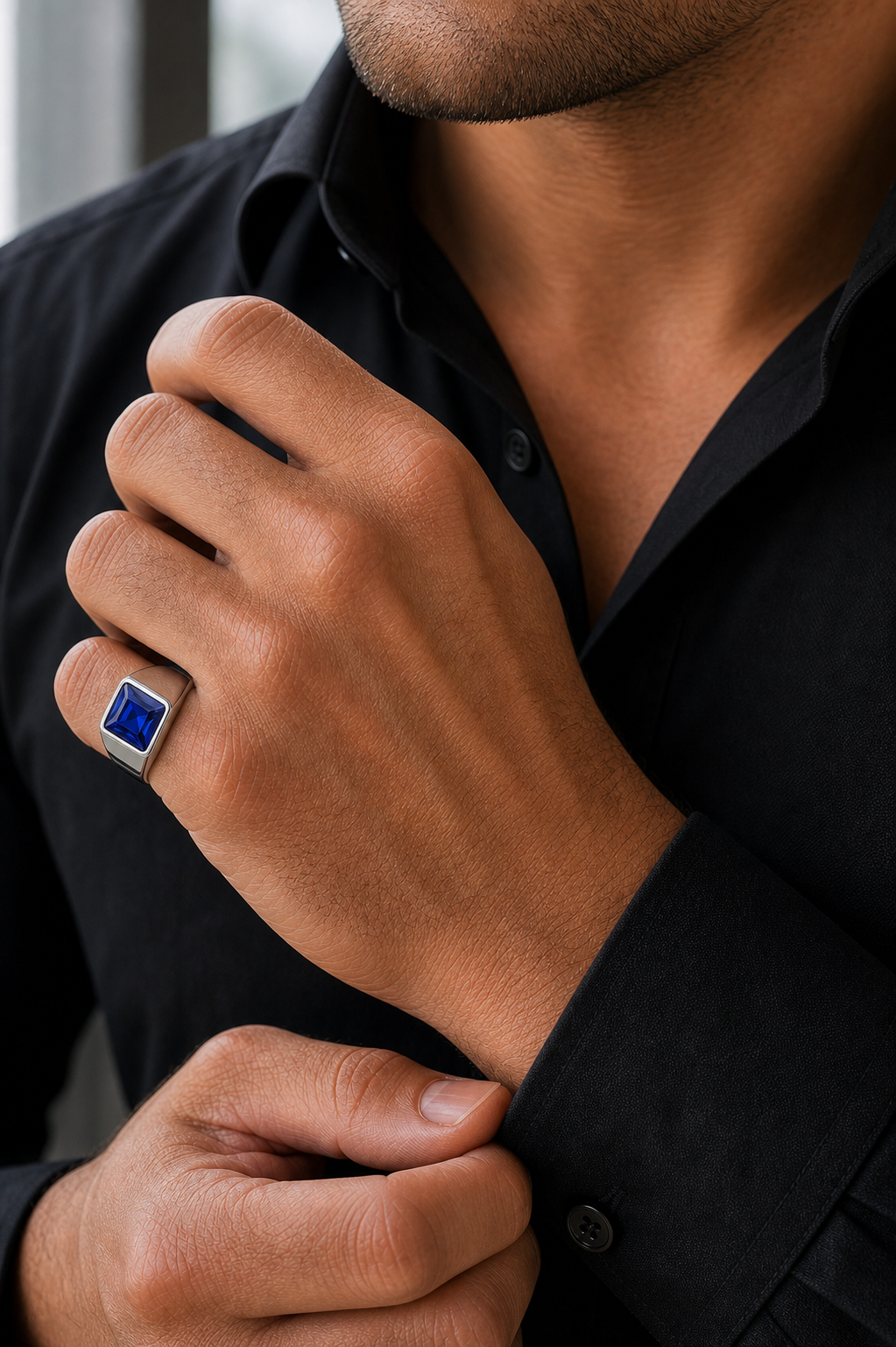 Anel Masculino Sapphire Prata 925 em detalhe no dedo masculino